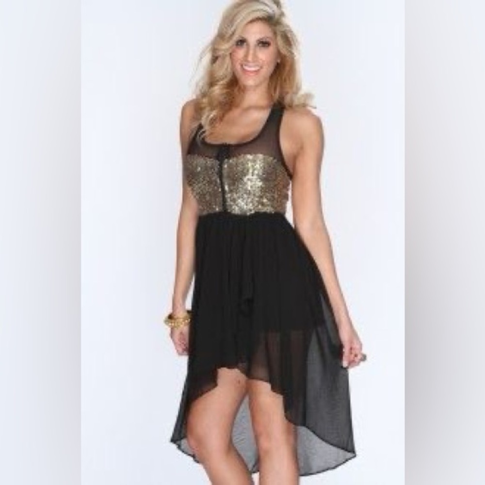 San Joy Gold Sequin and Black Mesh High Low Cocktail Dress NWT